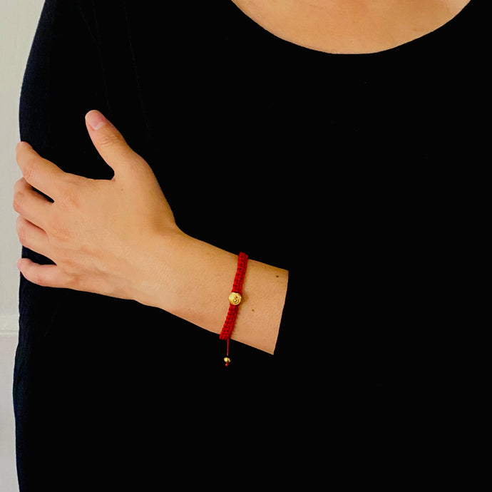 Gratitude Bracelet, Gratitude Symbol Bracelet w/ 'Here and Now' Engraving, Mindful Living- Red Woven Bracelet, Meaningful Gift, Gratitude Gift